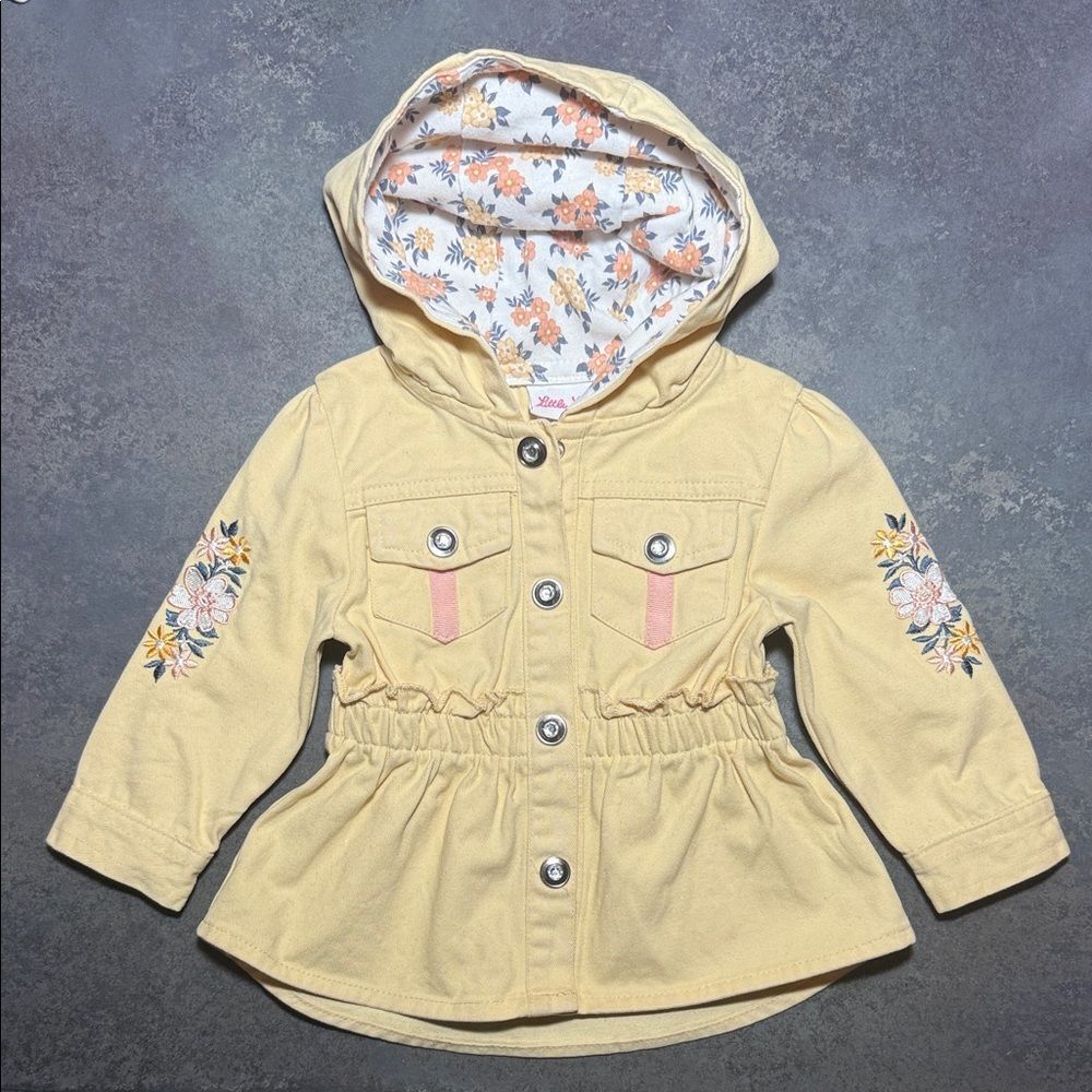 Little Lass Baby Girl Yellow Hooded Jacket Embroidered Peplum 12M